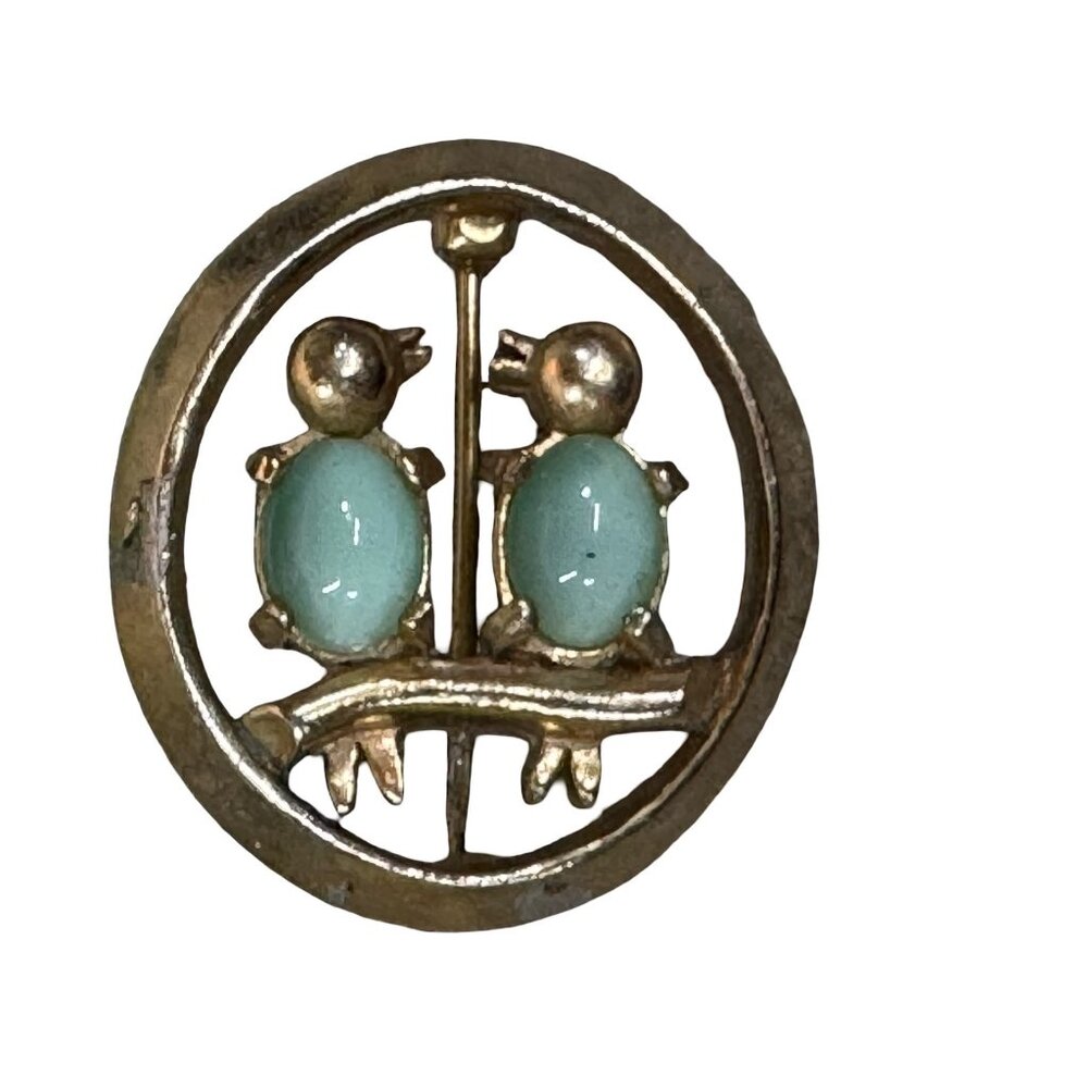 Vintage Gold Tone Turquoise Love Bird Duette Brooch Artisan Crafted Oval Pin